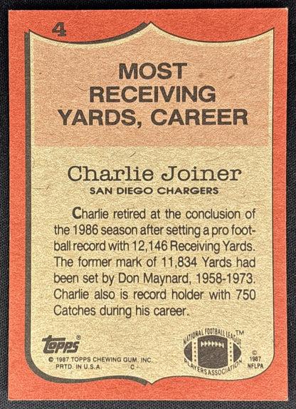 Charlie Joiner 1987 Topps Chargers - Back