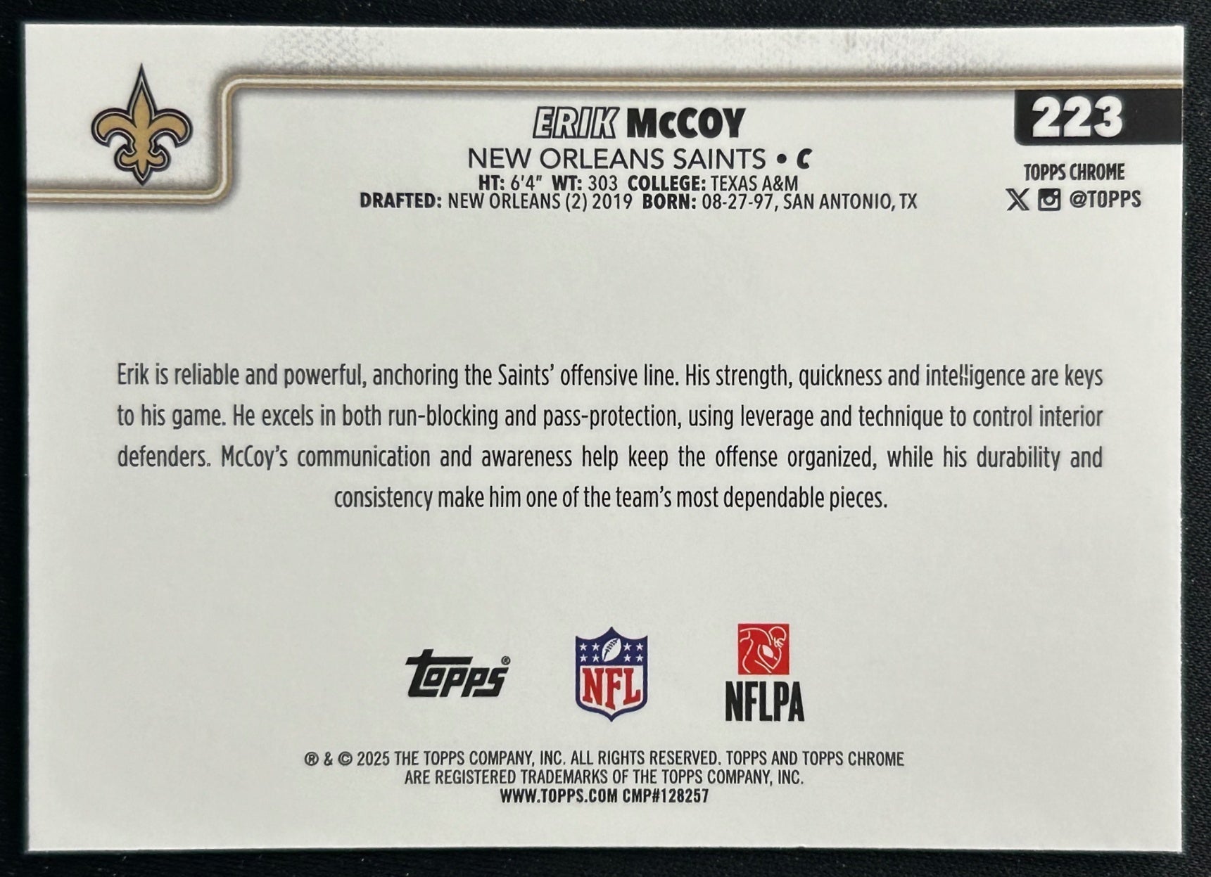 Erik McCoy 2025 Topps Chrome Saints Sports Trading Cards