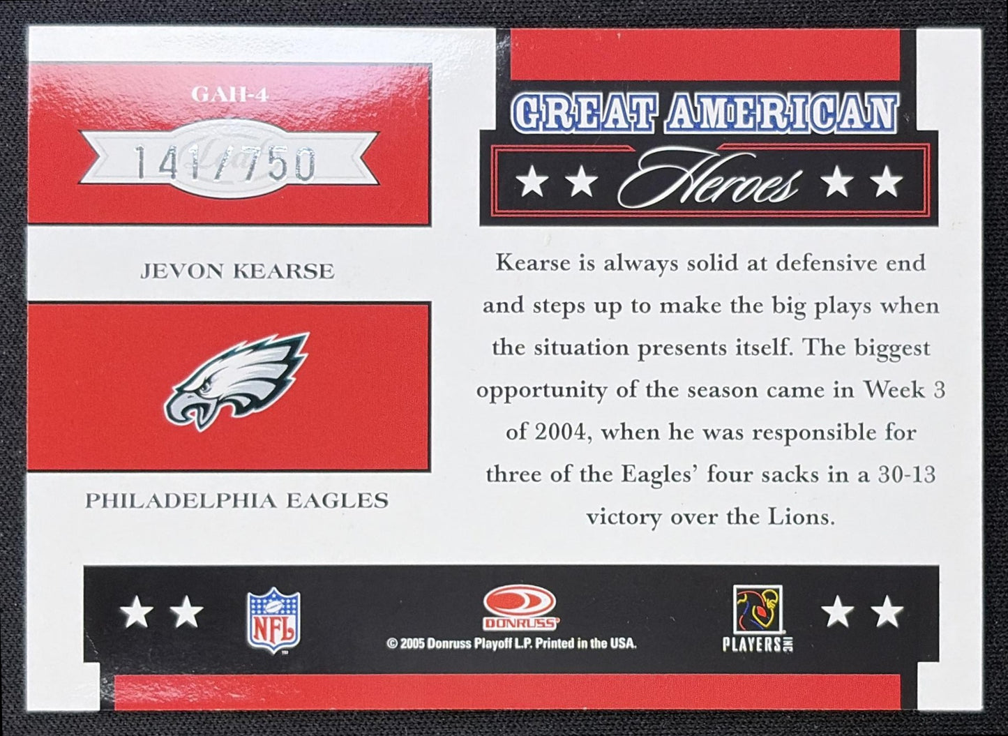 Jevon Kearse 2005 Donruss Gridiron Gear Past and Present Gold /750 Eagles back