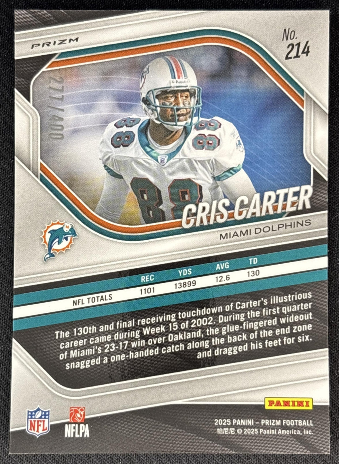 Cris Carter 2025 Panini Prizm Pandora /400 Dolphins back