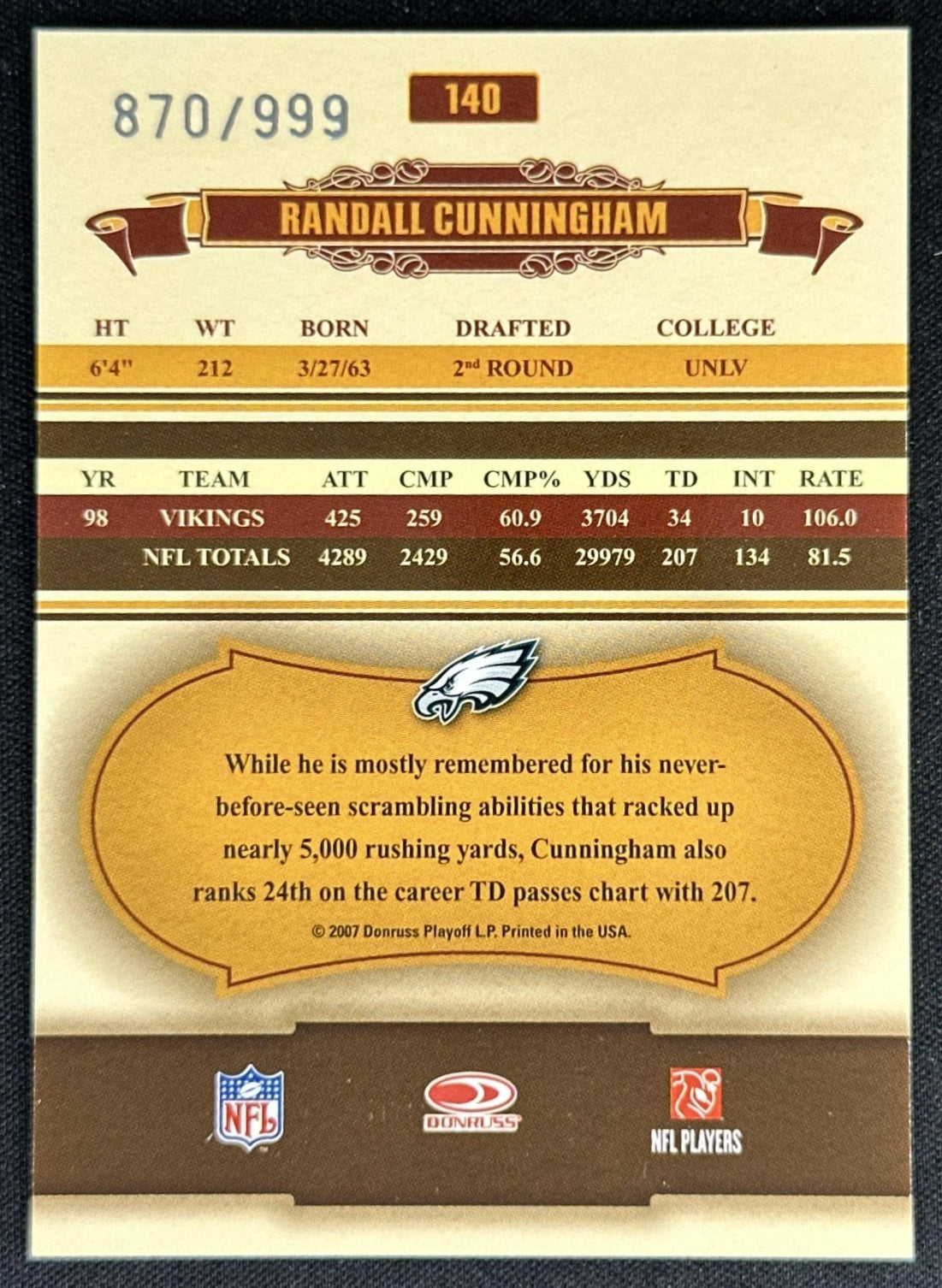 Randall Cunningham 2007 Donruss Classics /999 Eagles