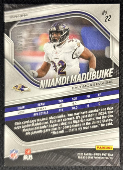 Nnamdi Madubuike 2025 Panini Prizm Pandora /400 Ravens back