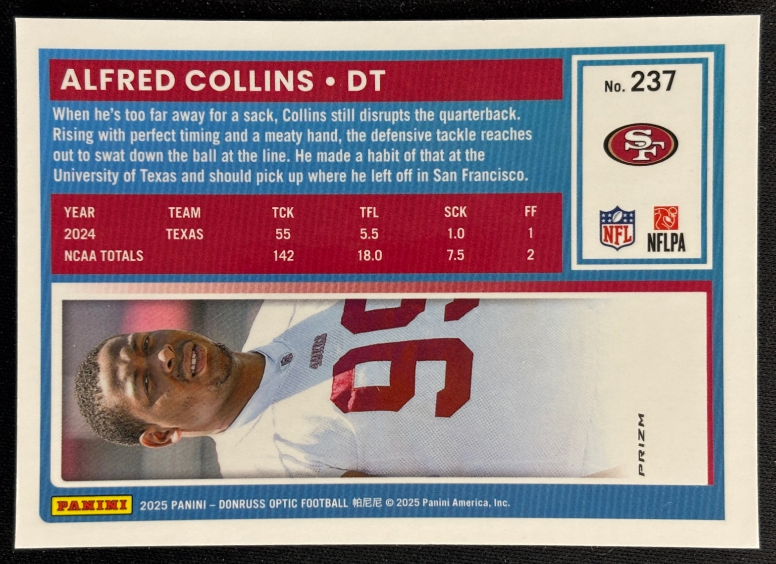 Alfred Collins 2025 Donruss Optic Rated Rookie Holo Prizm 49ers Sports Trading Card