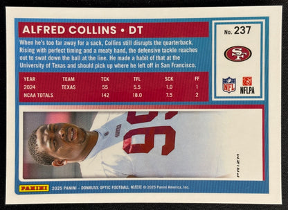 Alfred Collins 2025 Donruss Optic Rated Rookie Holo Prizm 49ers Sports Trading Card