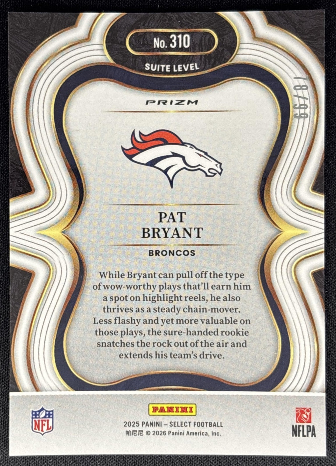 Pat Bryant 2025 Panini Select Suite Level Blue Prizm /99 Broncos Sports Trading Cards