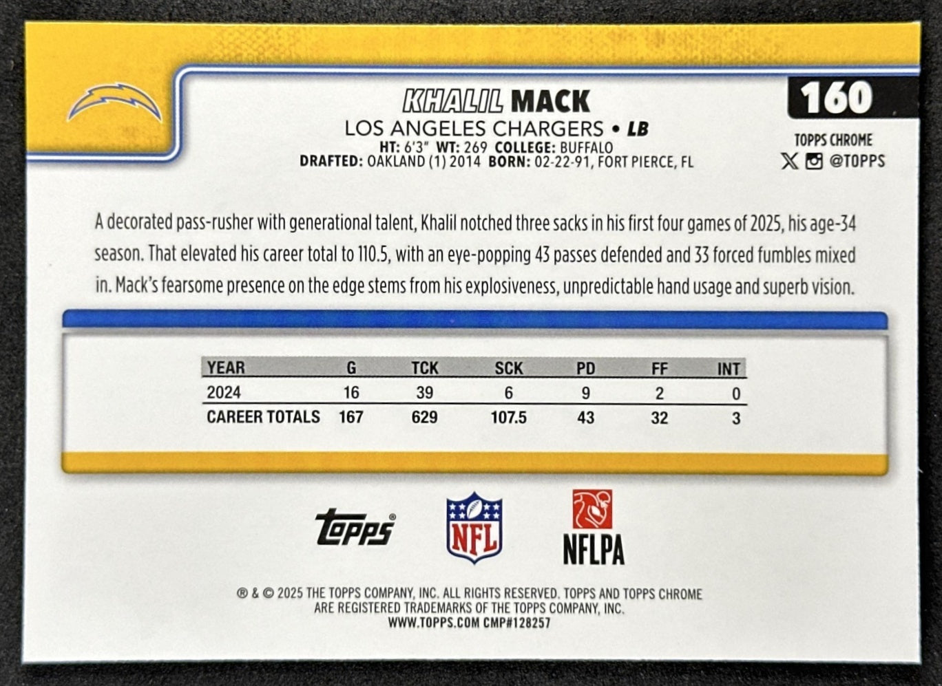 Khalil Mack 2025 Topps Chrome Sapphire Chargers