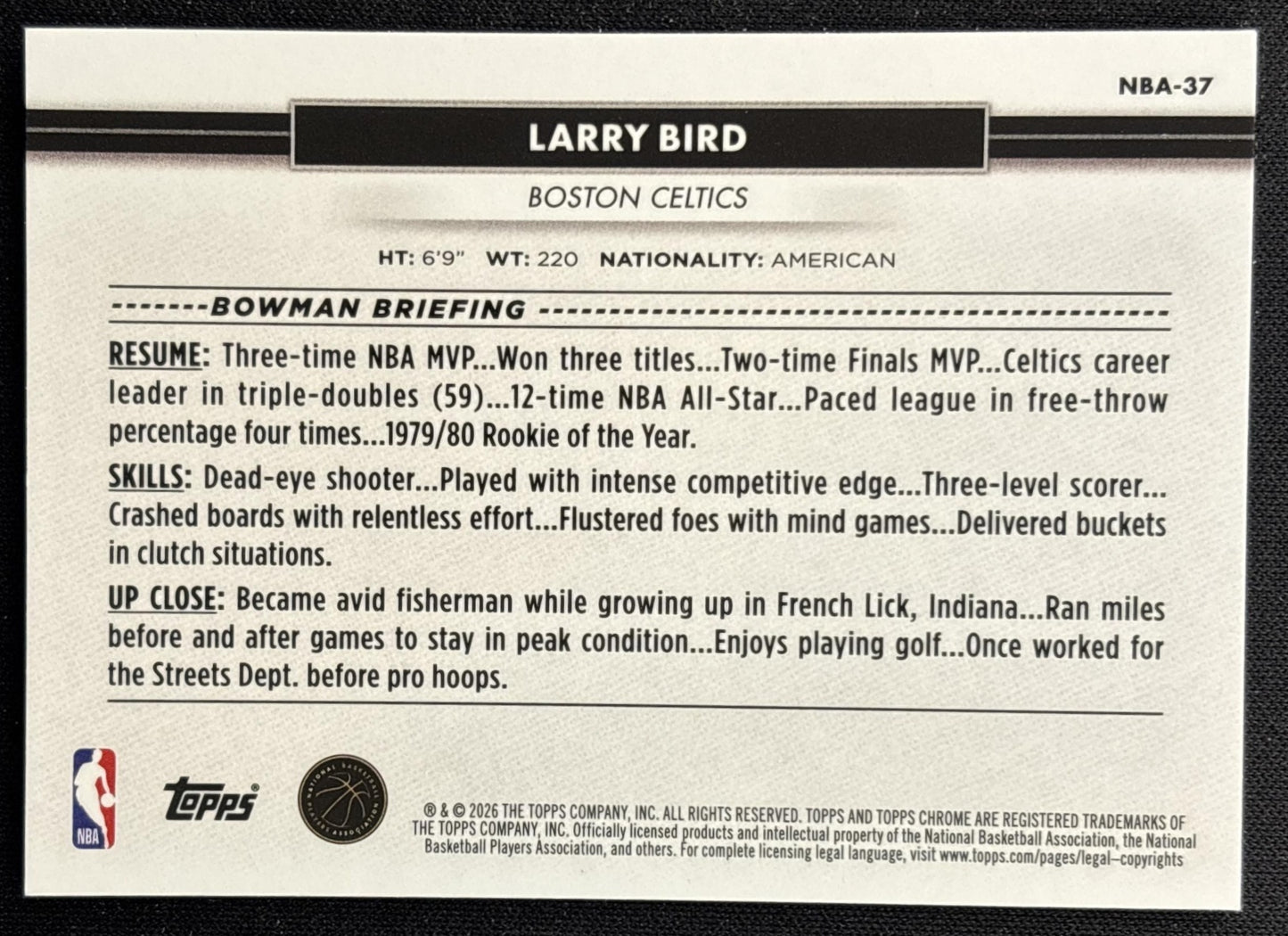 Larry Bird 2026 Topps NSCC Collection NBA Sports Trading Cards