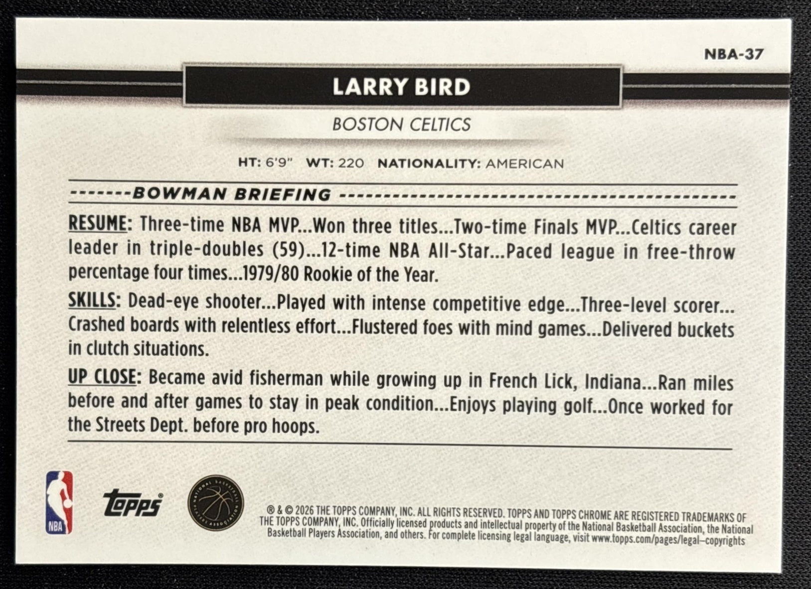 Larry Bird 2026 Topps NSCC Collection NBA Sports Trading Cards