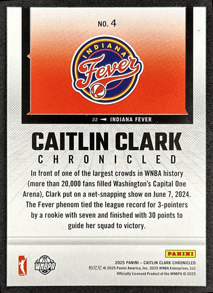 Caitlin Clark 2025 Panini Chronicled WNBA Holo Fever 4 Indiana Fever