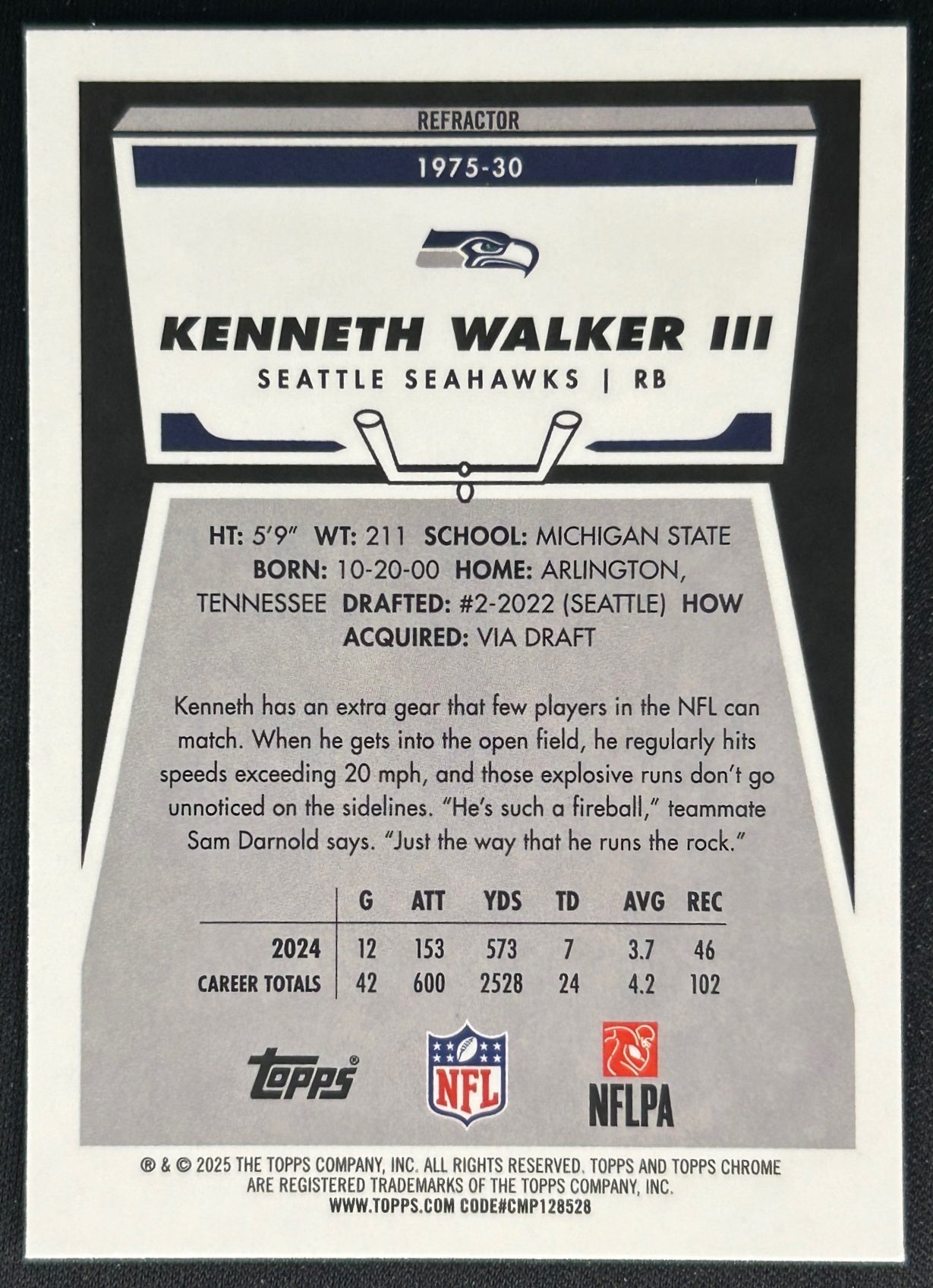 Kenneth Walker III 2025 Topps Chrome 1975 Refractor Seahawks Sports Trading Cards