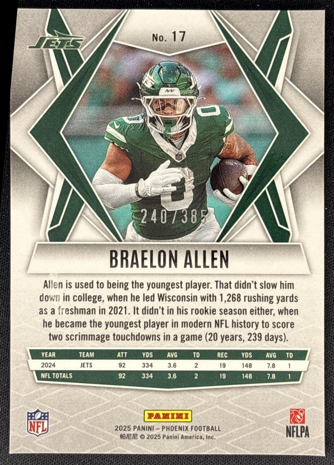 Braelon Allen 2025 Panini Phoenix Light Blue Pyramids Prizm /385 Jets back