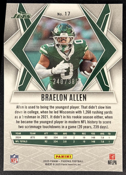 Braelon Allen 2025 Panini Phoenix Light Blue Pyramids Prizm /385 Jets back