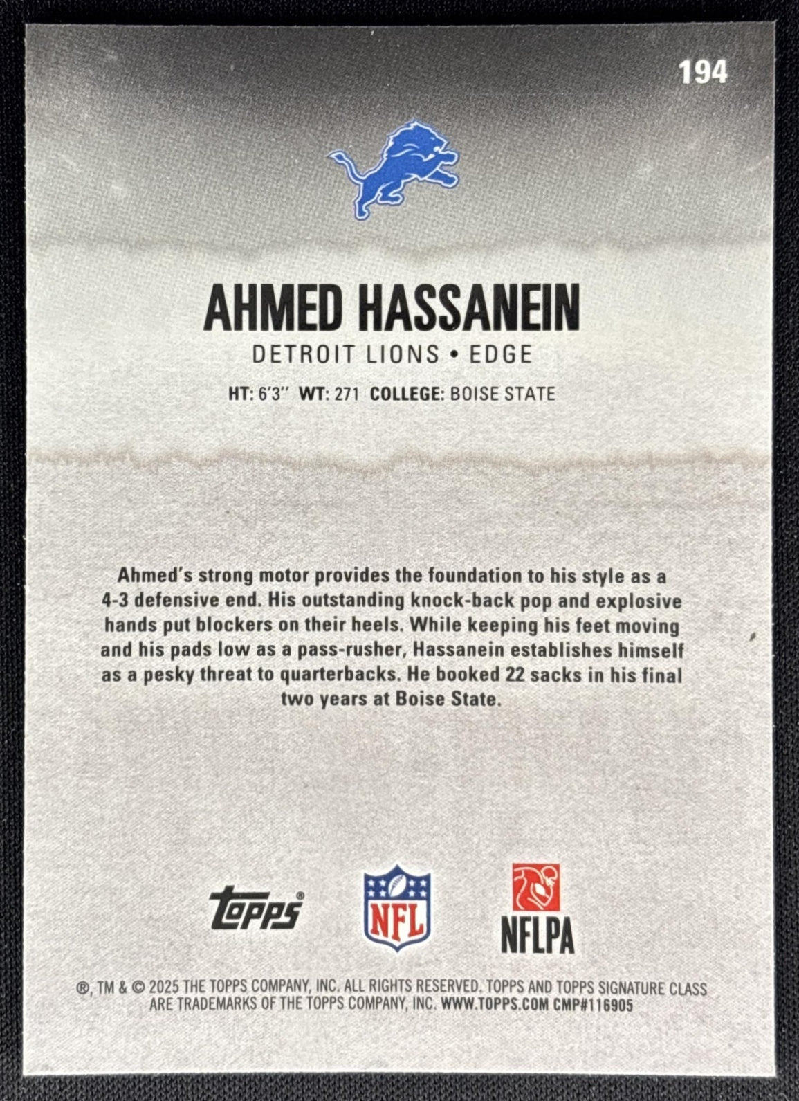 Ahmed Hassanein 2025 Topps Signature Class Chrome Rookie Lions Sports Trading Cards