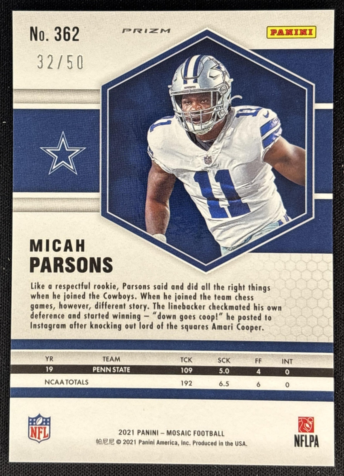 Micah Parsons 2021 Panini Mosaic No Huddle Prizm Purple /50 Cowboys Sports Trading Cards