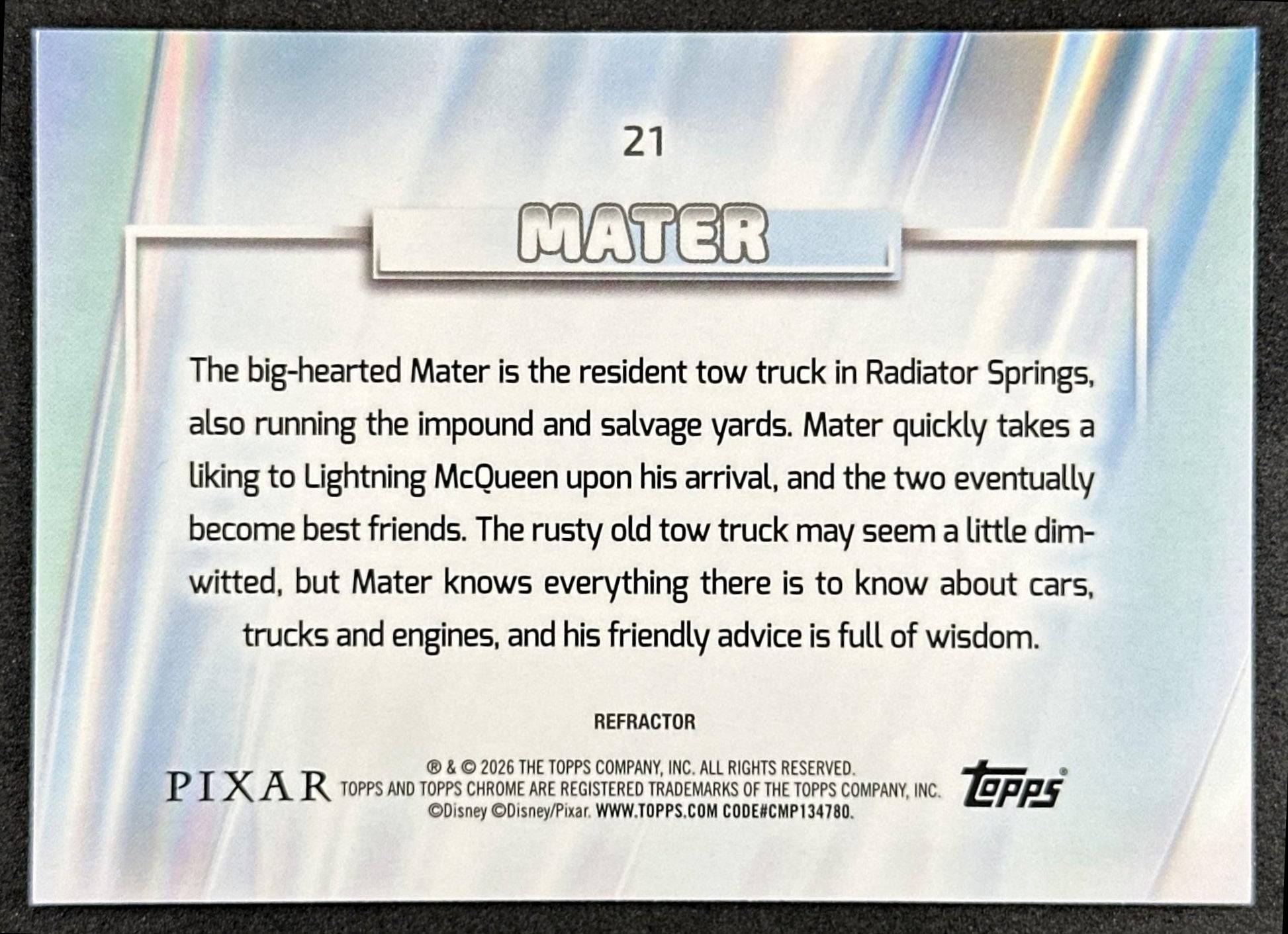 Mater 2026 Topps Chrome Disney Refractor Cars Back