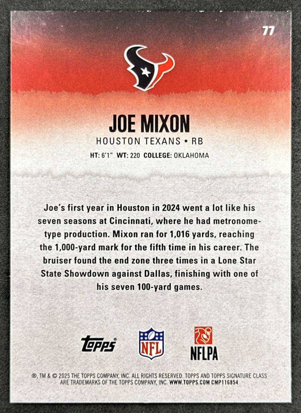 Joe Mixon 2025 Topps Signature Class Veteran Green & Purple Foil Texans back sports trading card