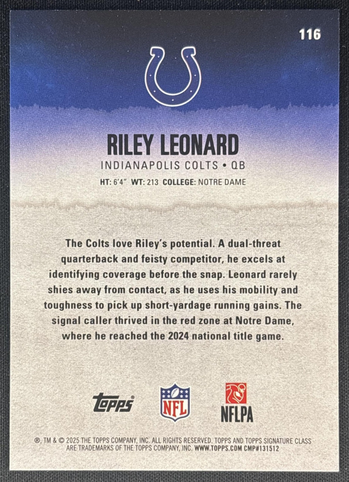 Riley Leonard 2025 Topps Signature Class Rookie Green & Purple Foil Colts back