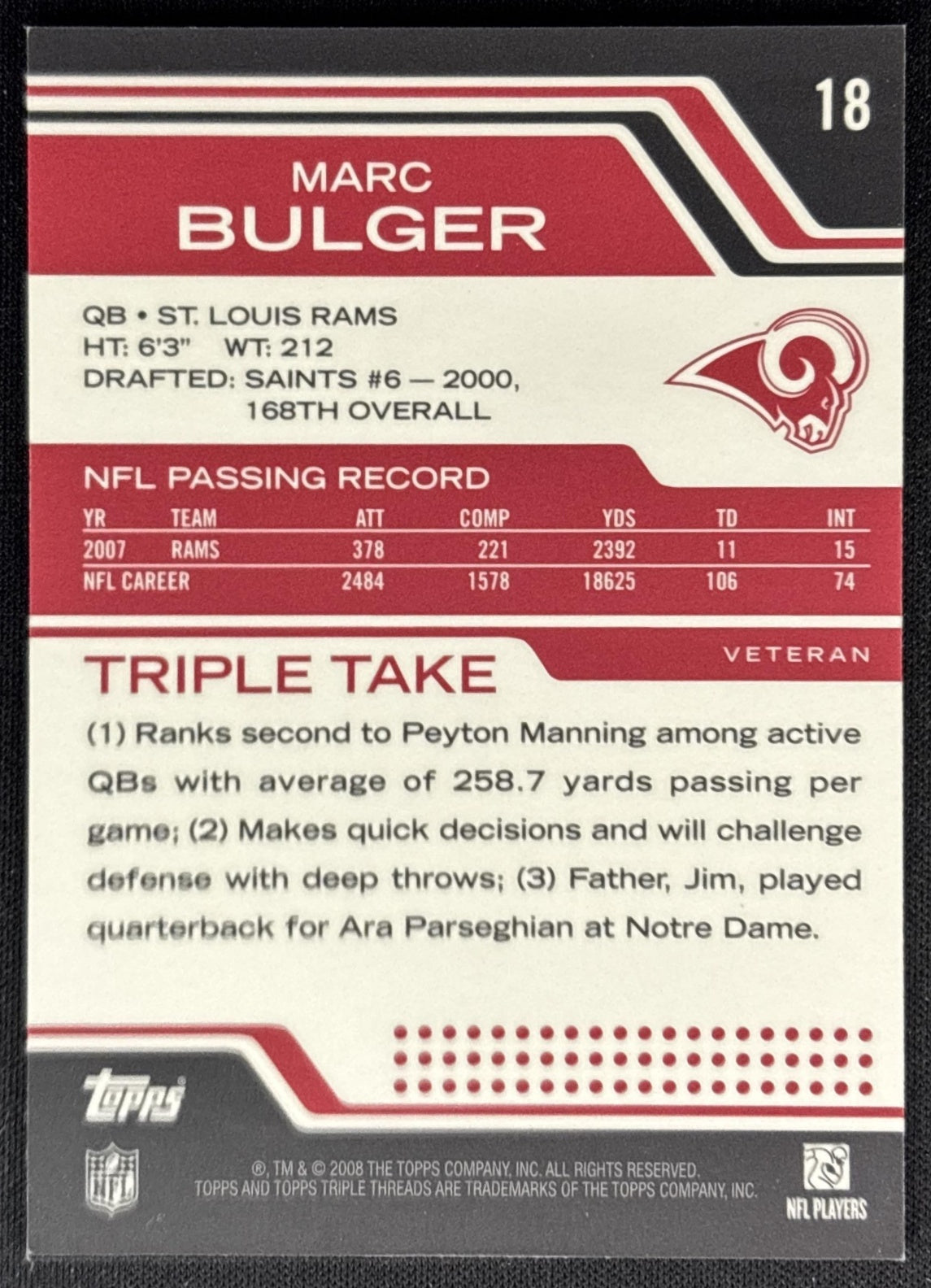 Marc Bulger 2008 Topps Triple Threads /779 Rams back