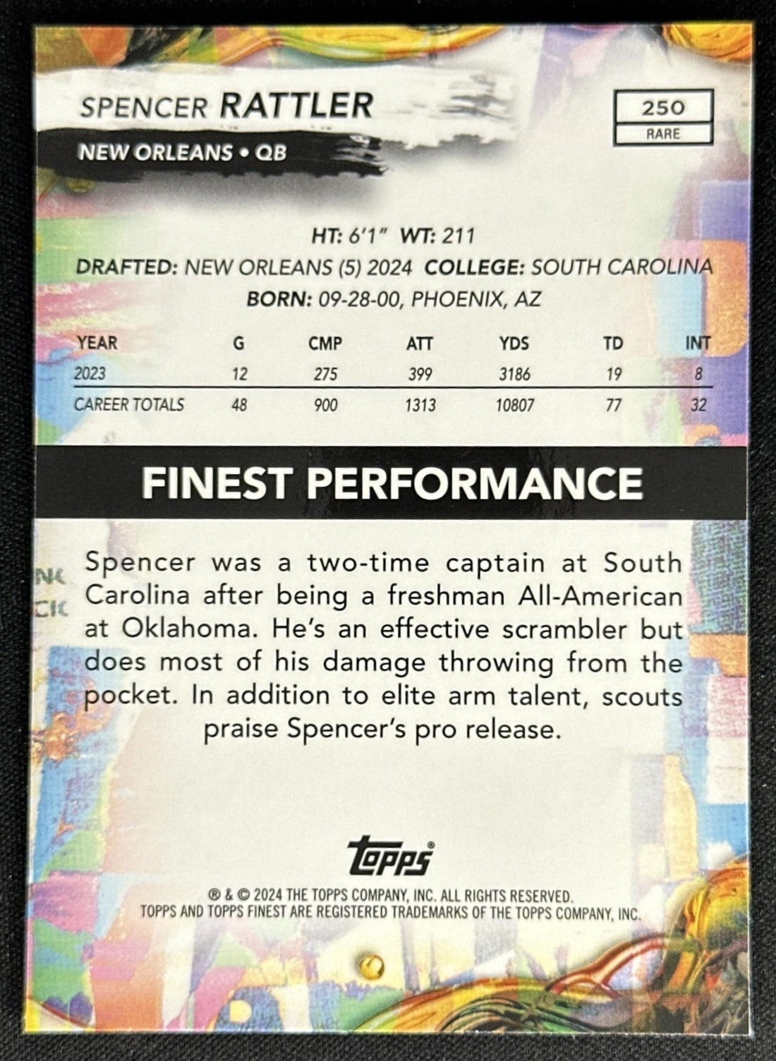 Spencer Rattler 2024 Topps Finest Blue Refractor /99 Saints