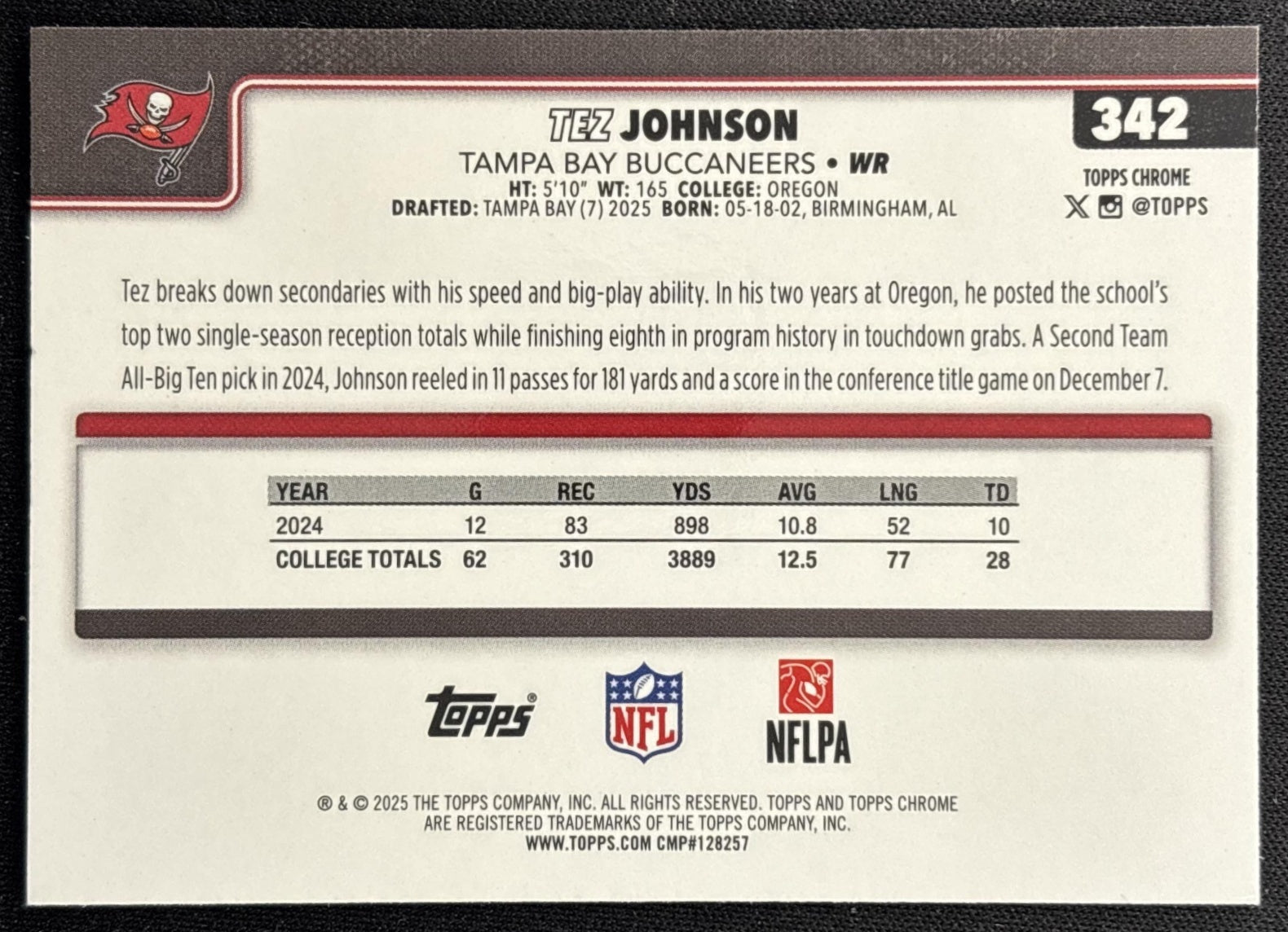 Tez Johnson 2025 Topps Chrome Rookie Teal Refractor /299 Buccaneers back