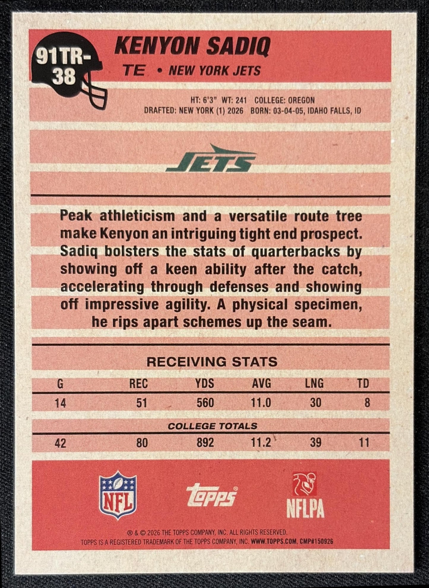 Kenyon Sadiq 2026 Topps 1991 Rookie Jets back
