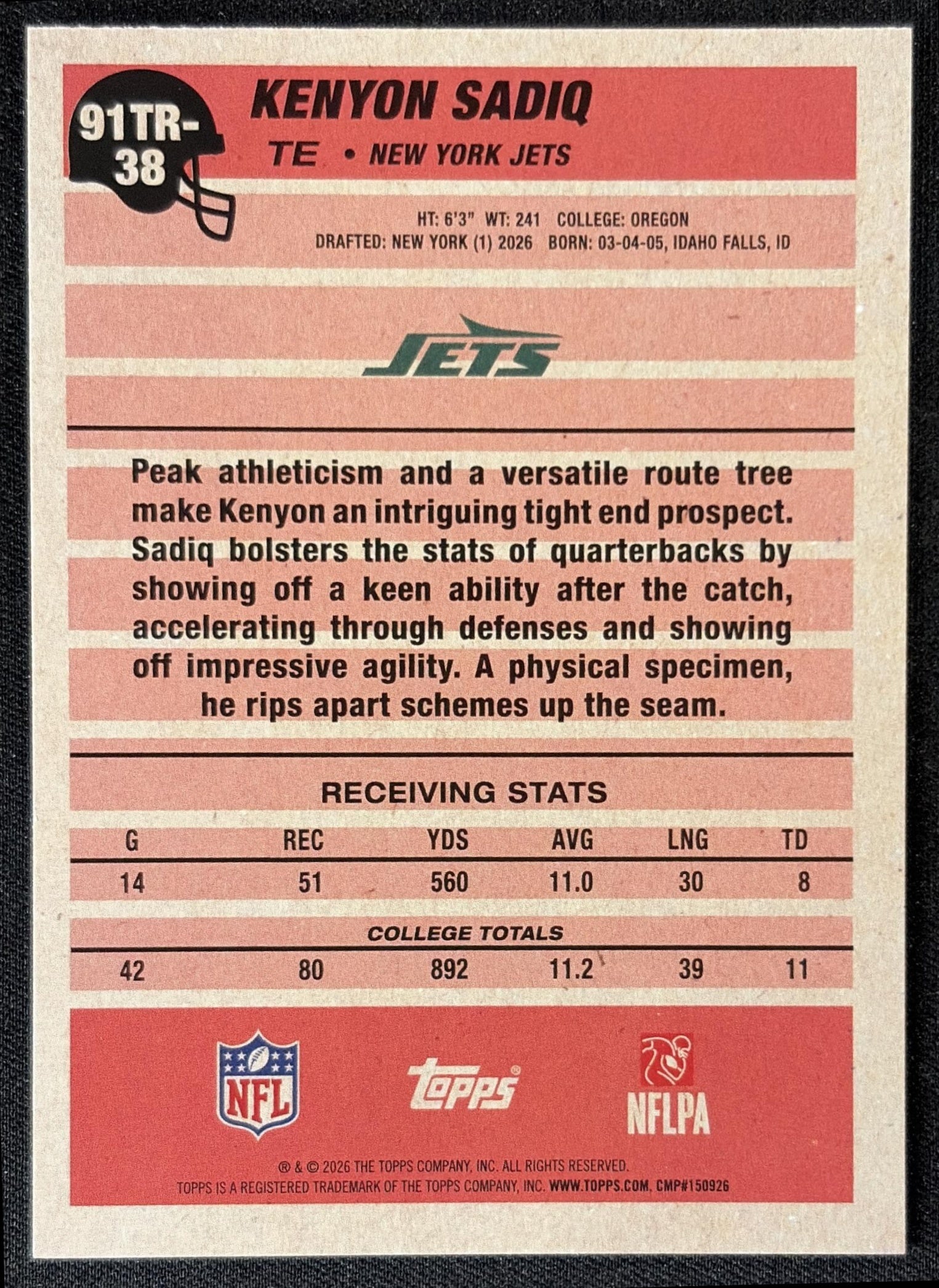 Kenyon Sadiq 2026 Topps 1991 Rookie Jets back