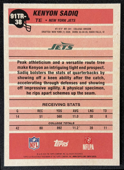 Kenyon Sadiq 2026 Topps 1991 Rookie Jets back