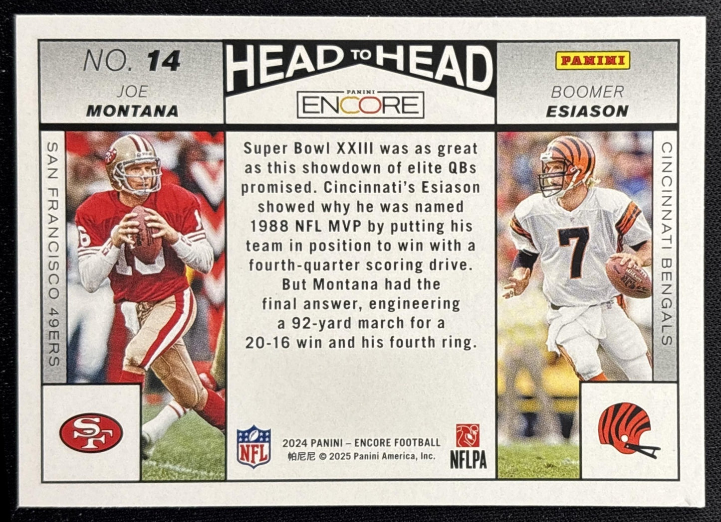 Boomer Esiason Joe Montana 2024 Panini Encore Pinnacle Head to back