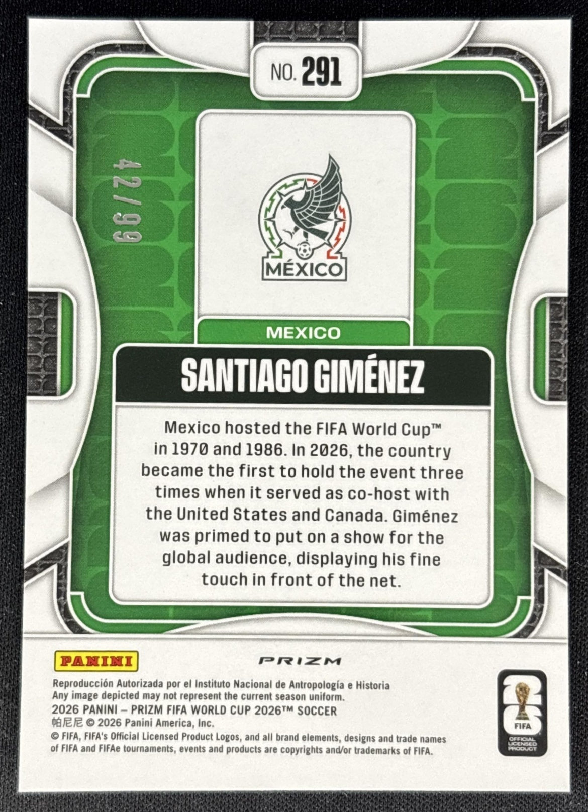 Santiago Gimenez 2026 Panini Prizm World Cup Teal Wave /99 Mexico Soccer