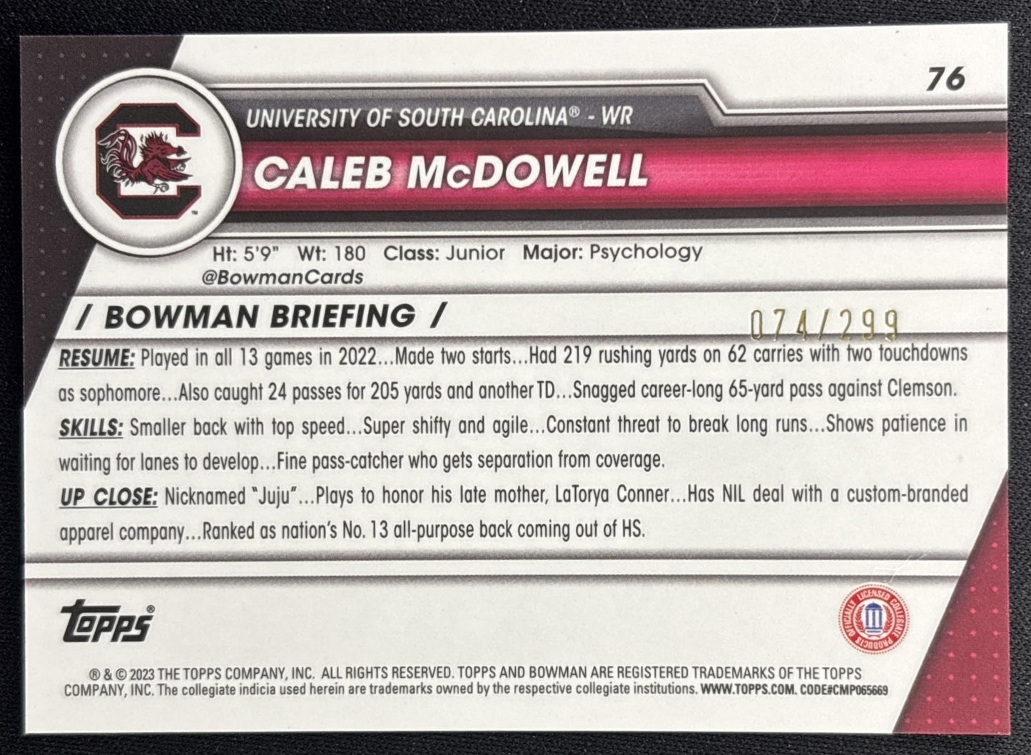 Caleb McDowell 2023 Bowman University Chrome Aqua Refractor /299 Gamecocks back