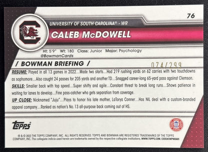 Caleb McDowell 2023 Bowman University Chrome Aqua Refractor /299 Gamecocks back