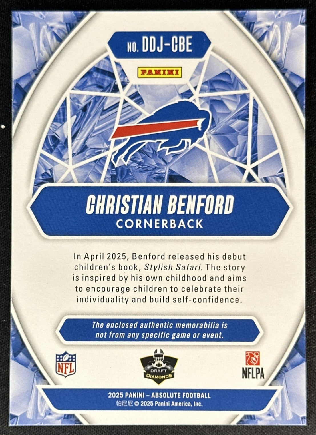 Christian Benford 2025 Panini Absolute Draft Diamonds Jersey Bills