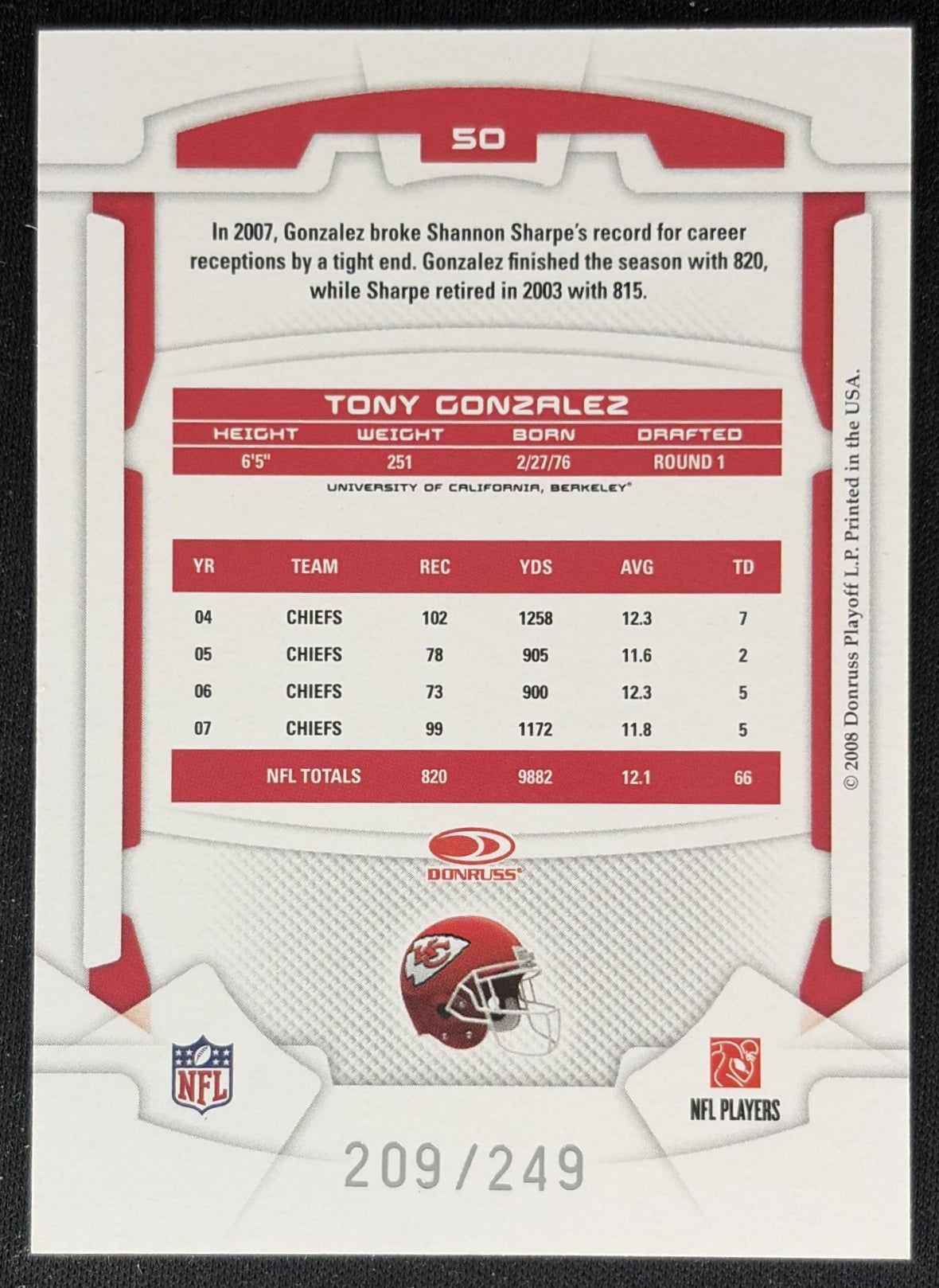Tony Gonzalez 2008 Rookies & Stars /249 Chiefs back