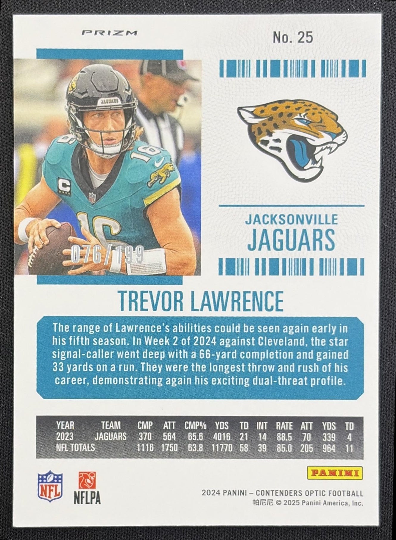 Trevor Lawrence 2024 Panini Contenders Optic Season Ticket Red Prizm /199 Jaguars Jacksonville Jaguars back