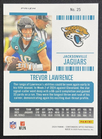 Trevor Lawrence 2024 Panini Contenders Optic Season Ticket Red Prizm /199 Jaguars Jacksonville Jaguars back
