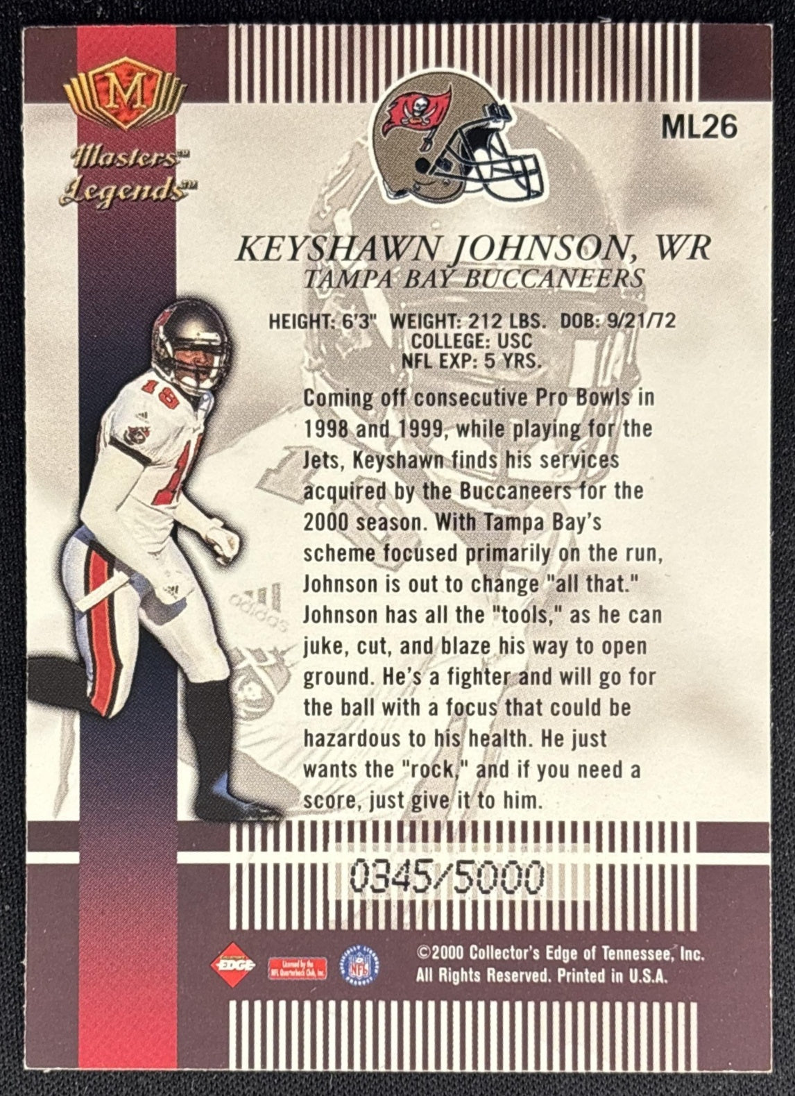 Keyshawn Johnson 2000 Collector's Edge Masters Legends /5000 Buccaneers back