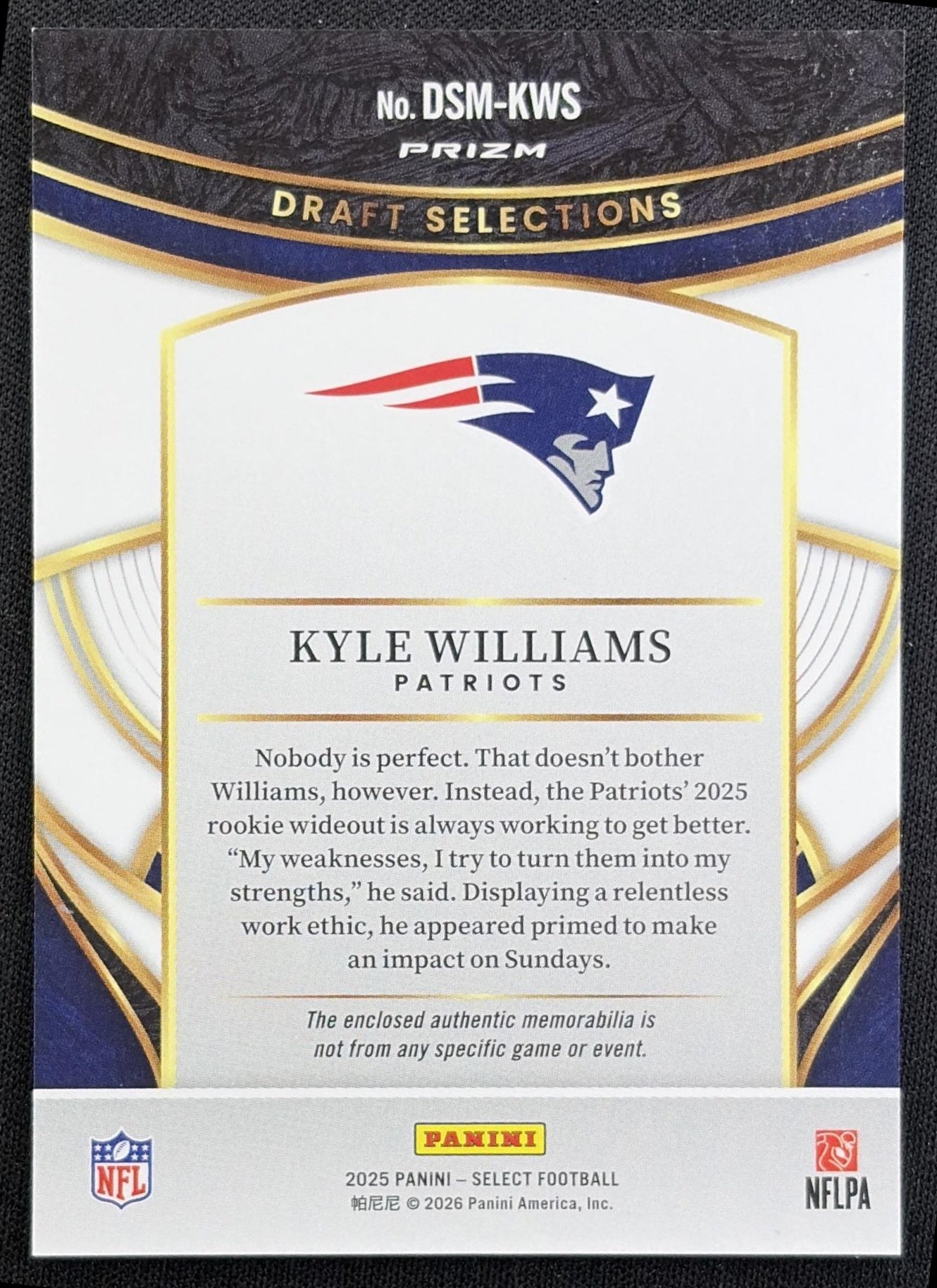 Kyle Williams 2025 Panini Select Draft Selections Memorabilia Blue Prizm Patriots