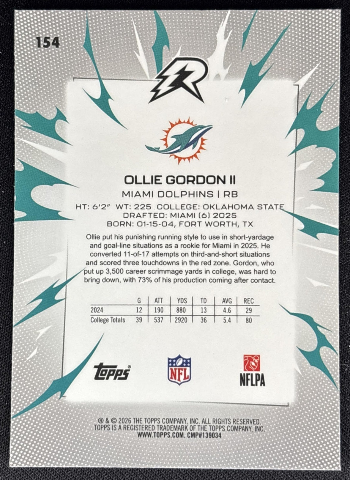 Ollie Gordon II 2025 Topps Resurgence Prism Refractor Dolphins back