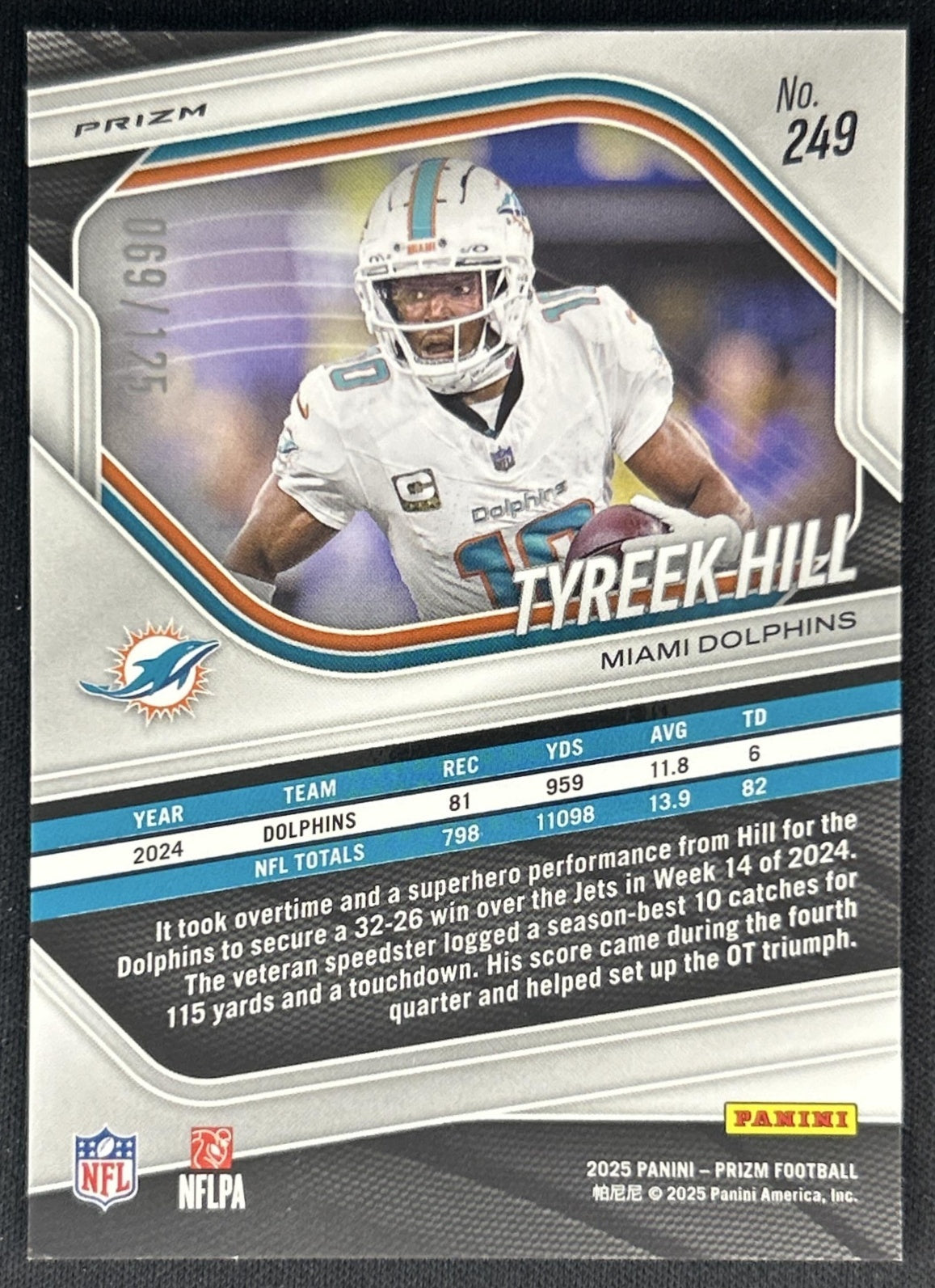 Tyreek Hill 2025 Panini Prizm Purple /125 Dolphins Back