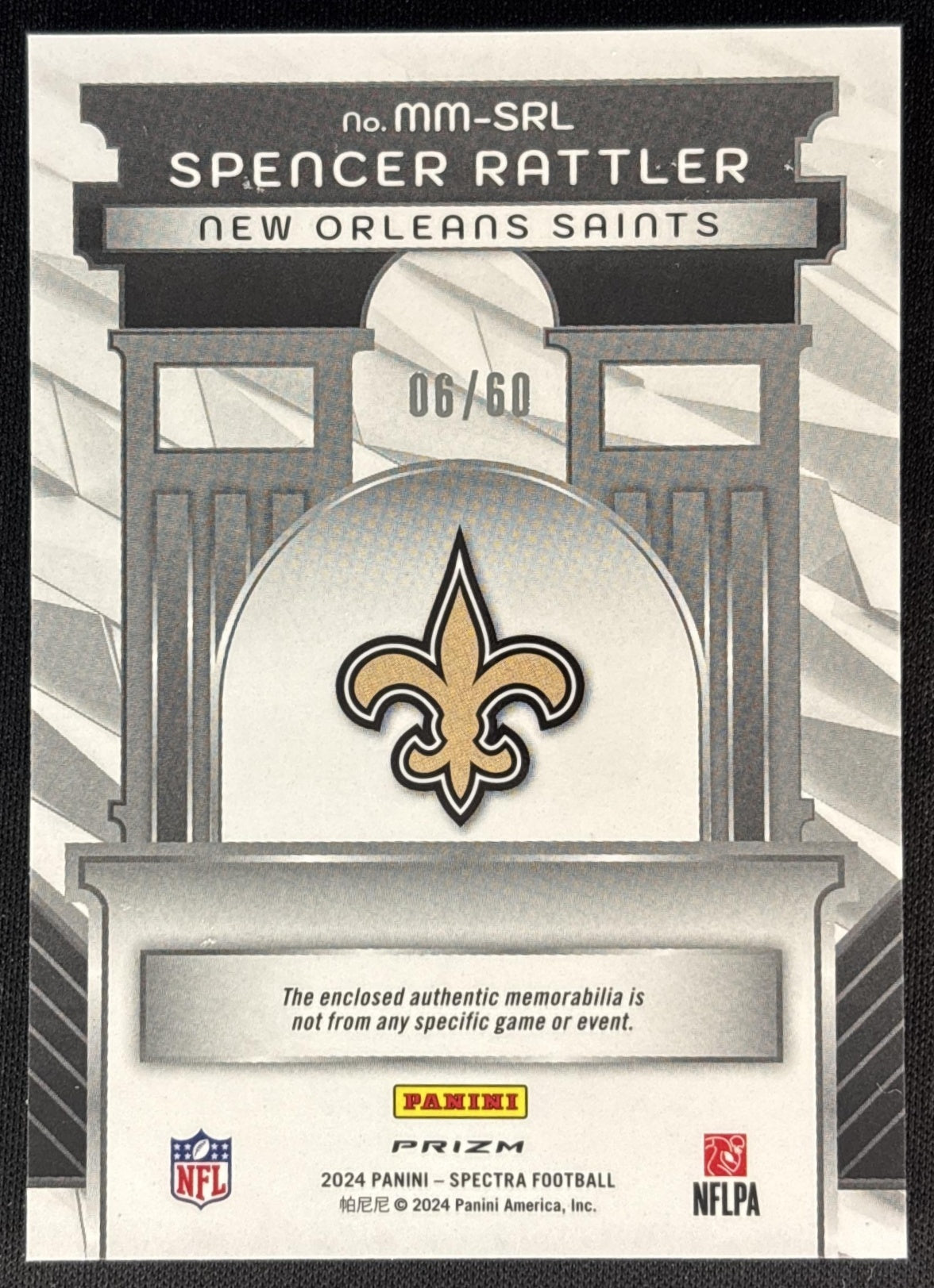 Spencer Rattler 2024 Panini Spectra Monumental Memorabilia Hyper /60 Saints Sports Trading Cards