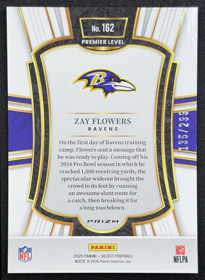 Zay Flowers 2025 Panini Select Premier Level Tri-Color Prizm /299 Ravens back