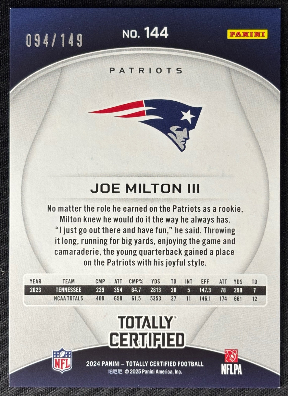 Joe Milton III 2024 Totally Certified Rookies Mirror Platinum Blue /149 Patriots - Back