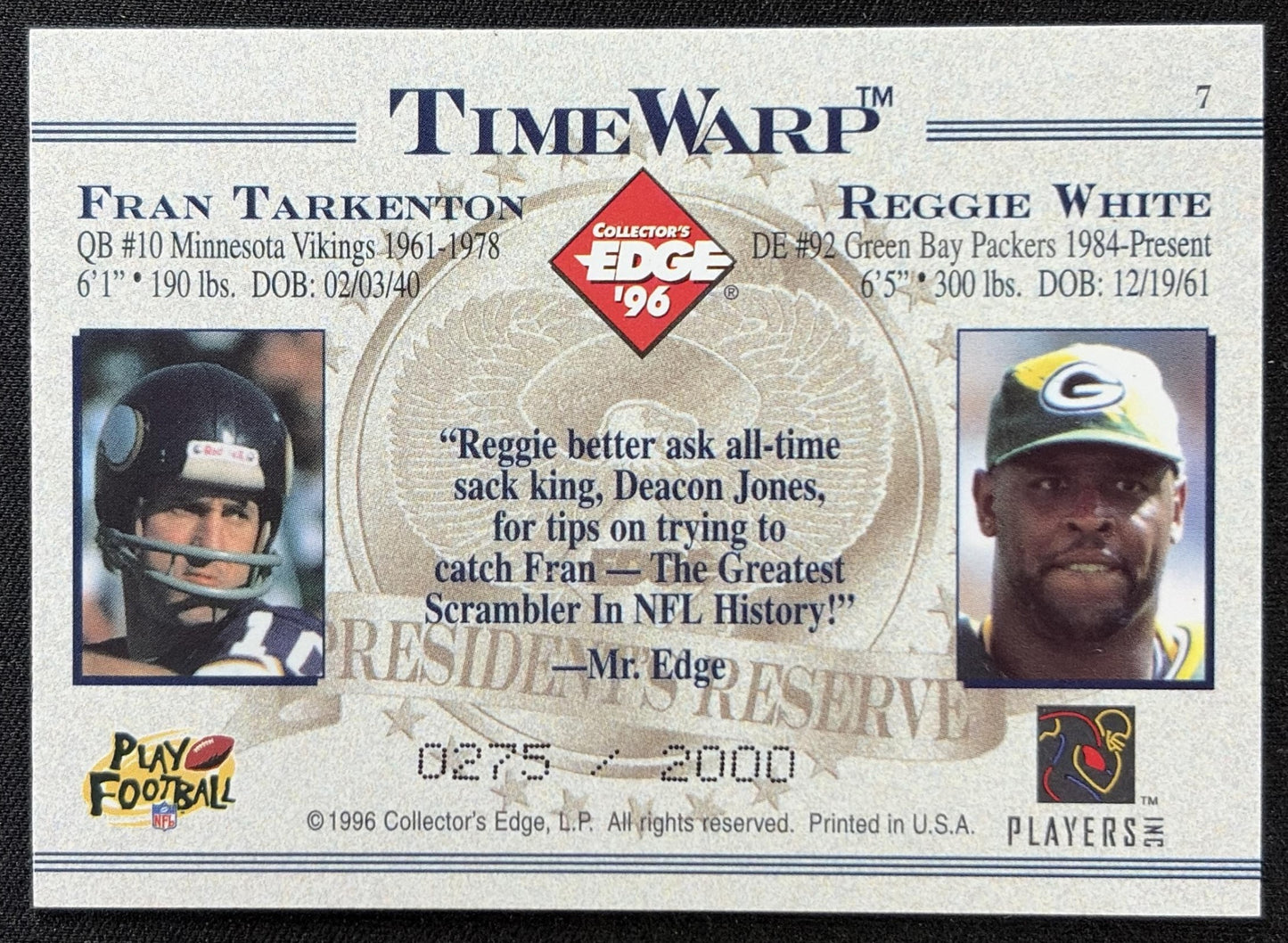 Fran Tarkenton Reggie White 1996 Collector's Edge President's Reserve TimeWarp /2000 Packers Vikings back