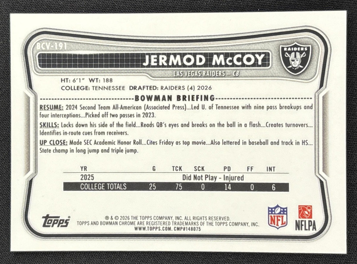 Jermod McCoy 2026 Bowman Chrome NFL Green Reptilian Refractor /99 Raiders