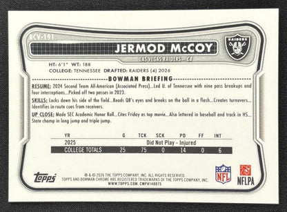 Jermod McCoy 2026 Bowman Chrome NFL Green Reptilian Refractor /99 Raiders