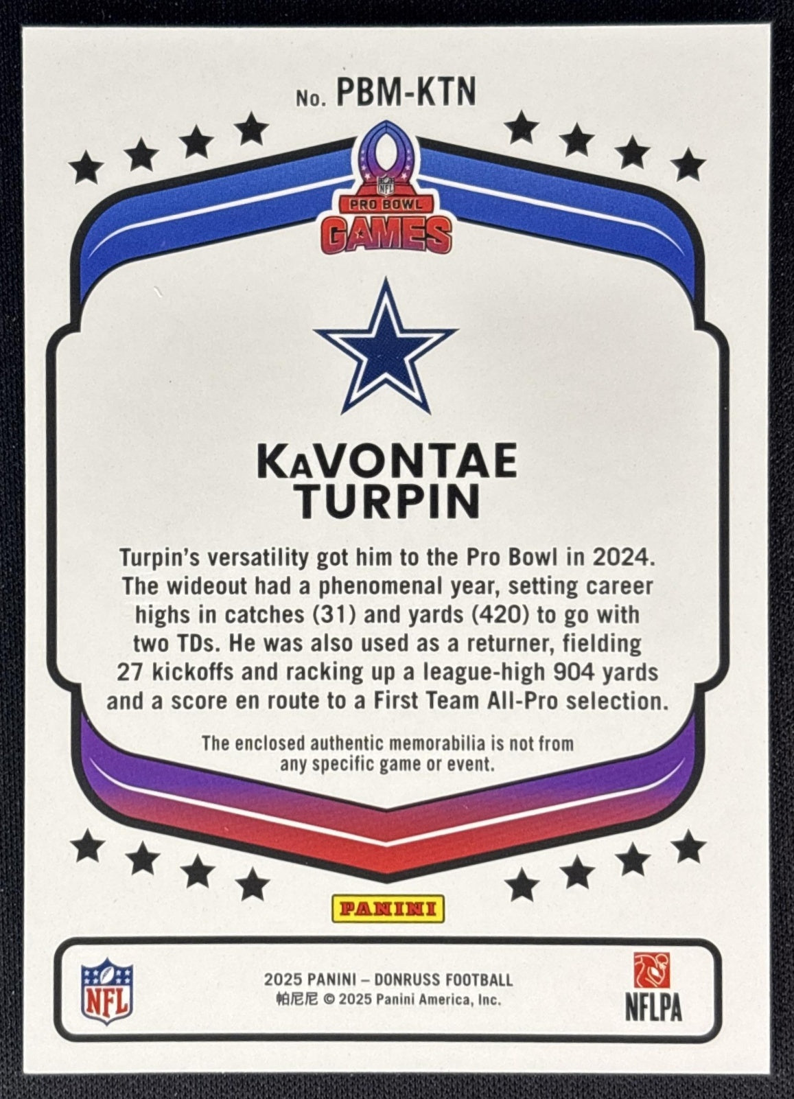 KaVontae Turpin 2025 Panini Donruss Pro Bowl Materials Prime /99 Cowboys back