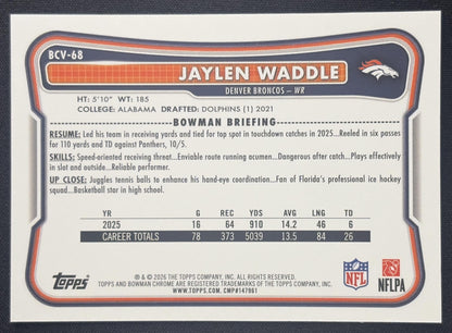 Jaylen Waddle 2026 Bowman Chrome NFL Speckle Refractor Broncos Sports Trading Card