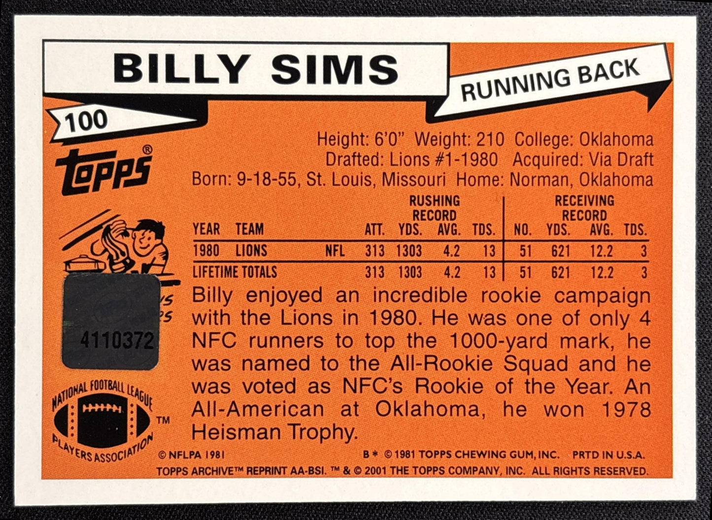 Billy Sims 2001 Topps Archives Rookie Reprint Auto Lions - back