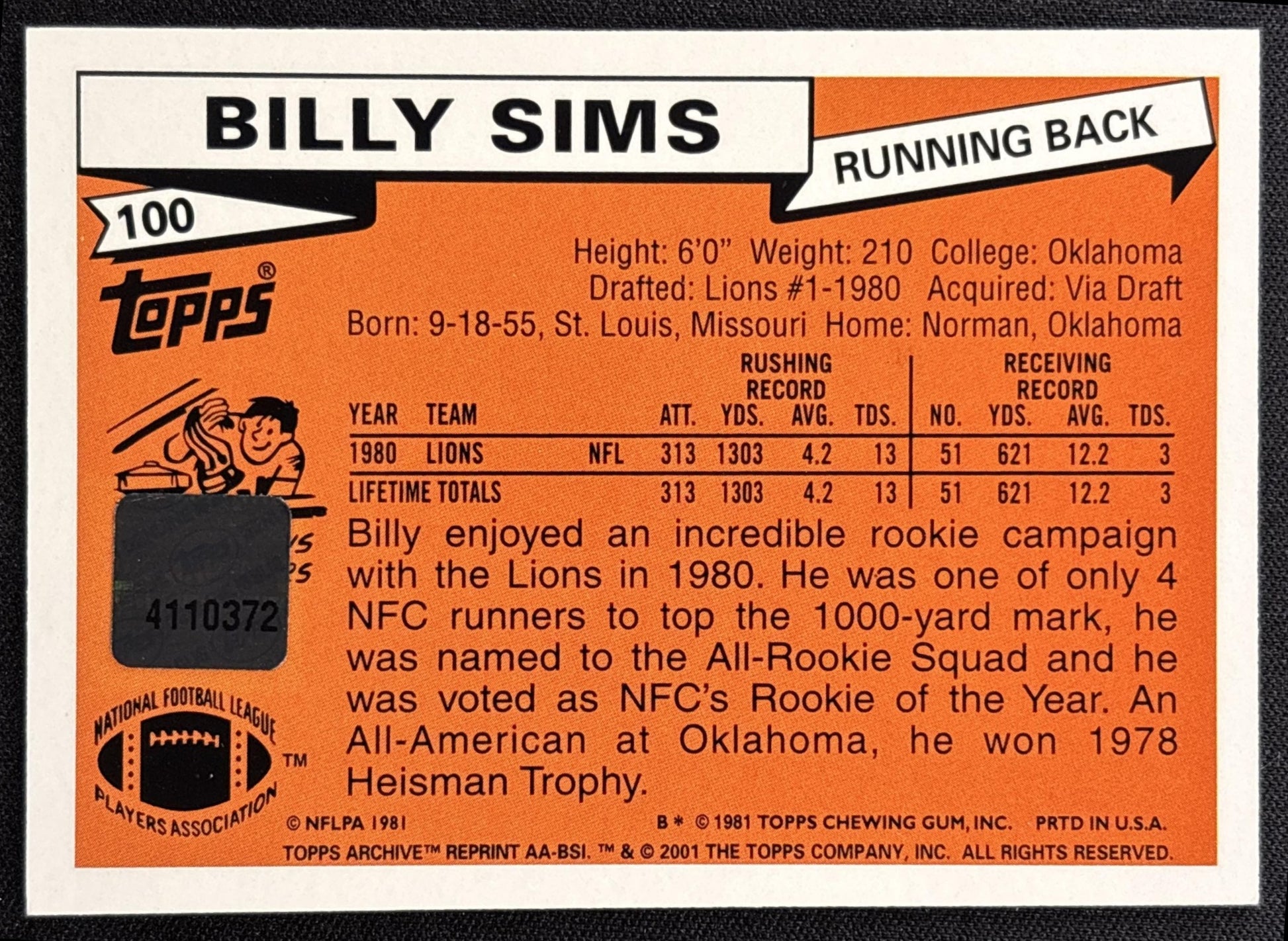 Billy Sims 2001 Topps Archives Rookie Reprint Auto Lions - back