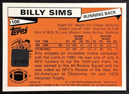 Billy Sims 2001 Topps Archives Rookie Reprint Auto Lions - back